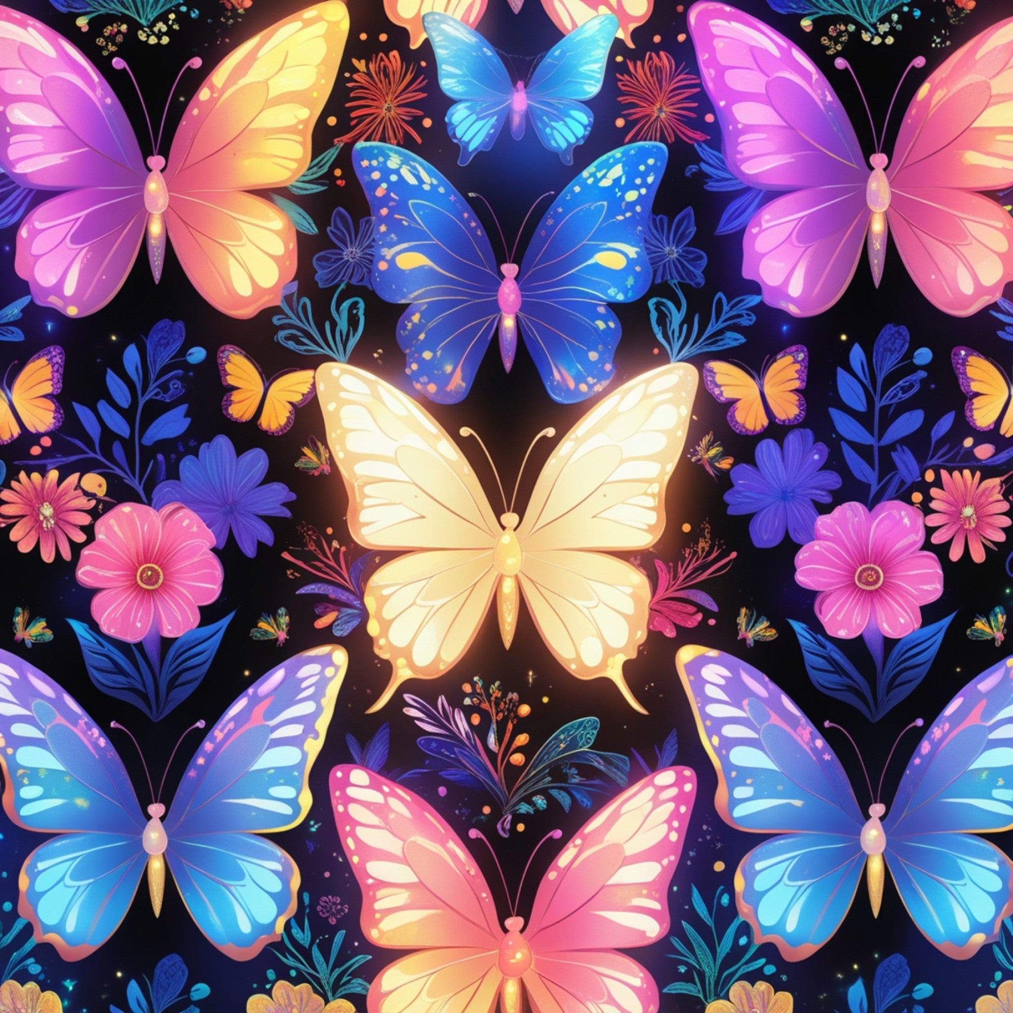 fantasy butterflies,, fabric panel, vibrant colors, pink butterflies, blue butterflies, yellow butterflies, purple butterflies, floral elements, dark background, whimsical design, colorful wings, botanical motifs, decorative flowers, magical theme, bright hues, nature inspired, symmetrical pattern, enchanted garden, craft fabric