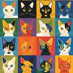 cat faces, patchwork grid, geometric blocks, orange, blue, purple, green, yellow, red, black, white, heterochromia eyes,, fabric panel, pop art style, colorful cats, split-face design, modern illustration, vibrant colors, contrasting eyes, stylized felines
