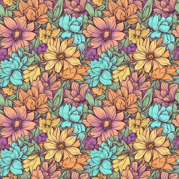 colorful flowers, turquoise, cyan blue, yellow, coral pink, purple, sage green, orange, floral pattern, botanical, nature, whimsical, vibrant, spring, summer, garden, wildflowers, daisies, multi-colored, playroom, nursery, kids room, cheerful, bright, cheerful design, children's, fun, colorful botanical, vibrant blooms