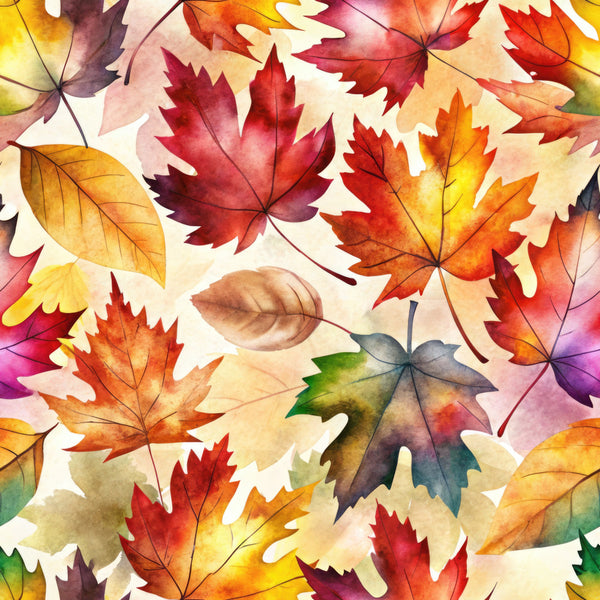 autumn leaves, fall foliage, watercolor leaves, maple leaves, oak leaves, red leaves, orange leaves, golden yellow, crimson red, burnt orange, mustard yellow, warm tones, nature theme, seasonal, autumn, fall, botanical, leaf motifs, transitional style, whimsical, artistic watercolor, painted leaves, multicolor, warm palette, harvest time, thanksgiving, nature-inspired, woodland theme