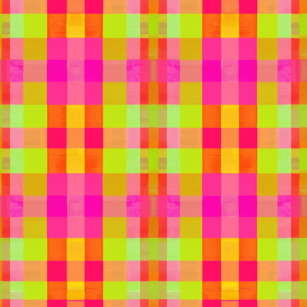 neon colors, bright pink, lime green, yellow, orange, gingham pattern, checkered design, plaid weave, geometric blocks, vibrant hues,, fabric panel, retro style, modern gingham, electric colors, square pattern, woven texture, contemporary design, bright palette, checkerboard motif