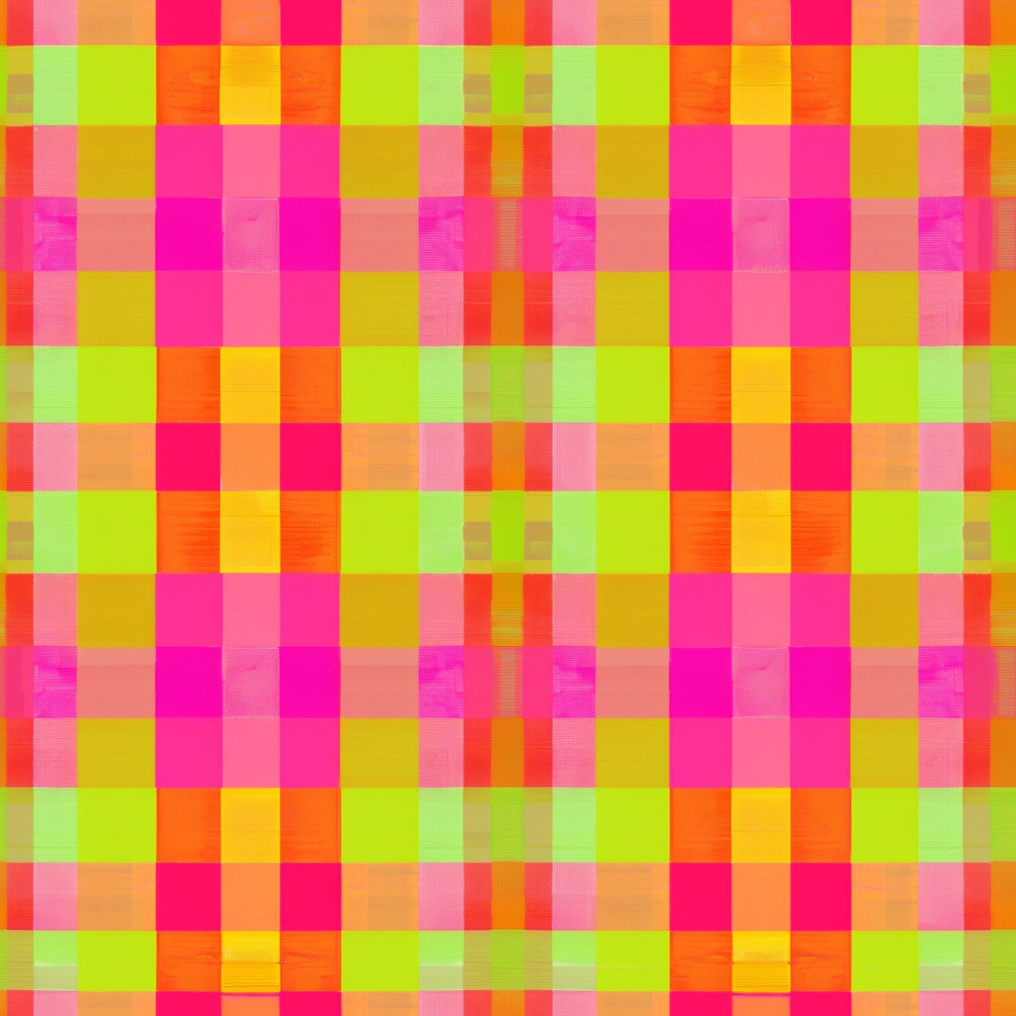 neon colors, bright pink, lime green, yellow, orange, gingham pattern, checkered design, plaid weave, geometric blocks, vibrant hues,, fabric panel, retro style, modern gingham, electric colors, square pattern, woven texture, contemporary design, bright palette, checkerboard motif