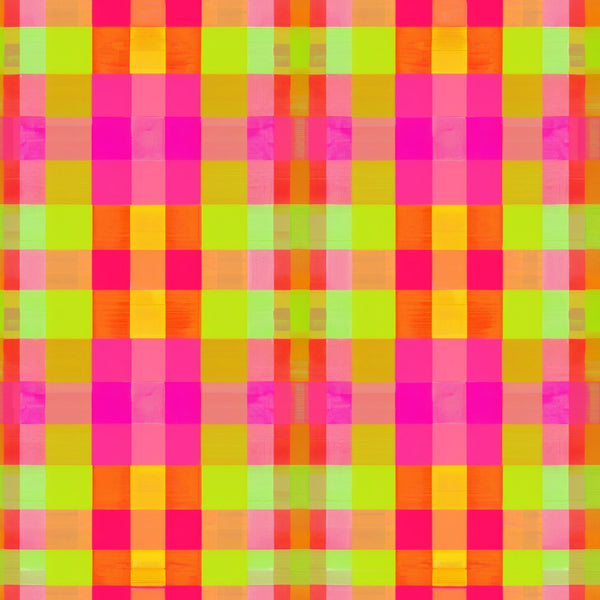 neon colors, bright pink, lime green, yellow, orange, gingham pattern, checkered design, plaid weave, geometric blocks, vibrant hues,, fabric panel, retro style, modern gingham, electric colors, square pattern, woven texture, contemporary design, bright palette, checkerboard motif
