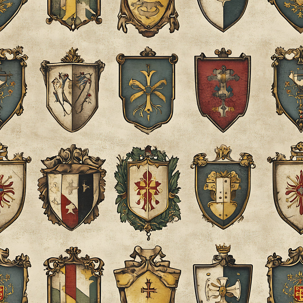 heraldic shields, medieval banners, coat of arms, burgundy red, forest green, golden yellow, cream beige, crosses, floral motifs, ornate frames, vintage style, rustic aesthetic, german heritage,, fabric panel, decorative crests, antiqued finish, royal symbols, botanical elements, renaissance inspired
