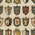 heraldic shields, medieval banners, coat of arms, burgundy red, forest green, golden yellow, cream beige, crosses, floral motifs, ornate frames, vintage style, rustic aesthetic, german heritage,, fabric panel, decorative crests, antiqued finish, royal symbols, botanical elements, renaissance inspired