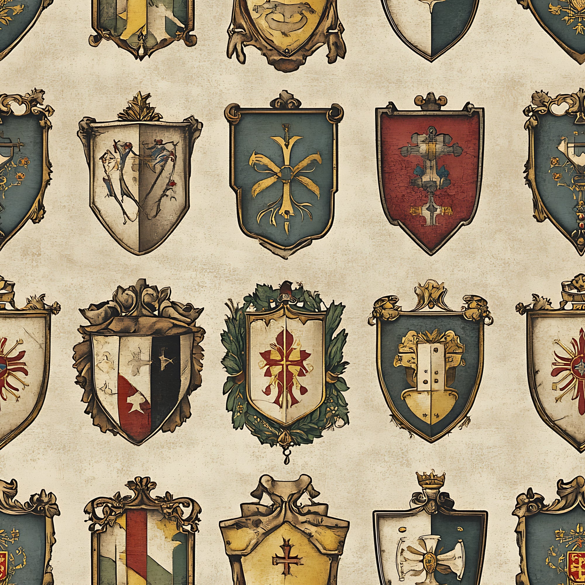 heraldic shields, medieval banners, coat of arms, burgundy red, forest green, golden yellow, cream beige, crosses, floral motifs, ornate frames, vintage style, rustic aesthetic, german heritage,, fabric panel, decorative crests, antiqued finish, royal symbols, botanical elements, renaissance inspired