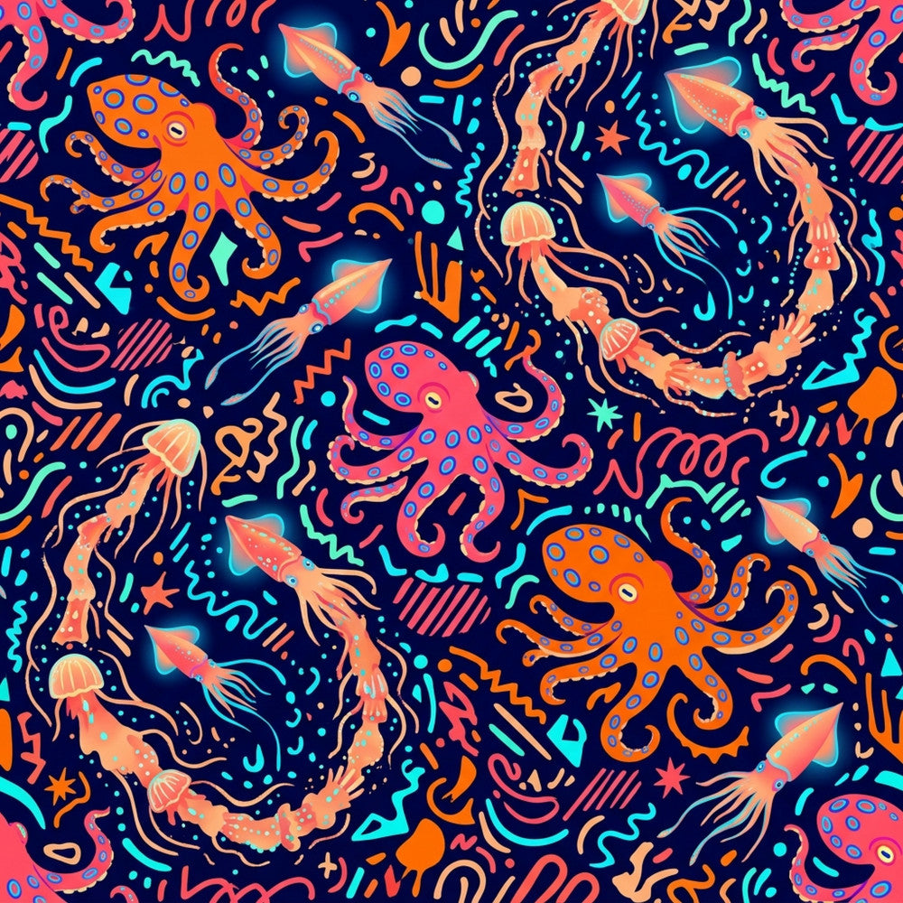 navy blue, coral orange, hot pink, cyan blue, neon green, vibrant colors, octopus, squid, jellyfish, ocean creatures, sea life, nautical, underwater theme, modern, whimsical, playful, celestial, stars, abstract, psychedelic, neon colors, kids room, playroom, nursery, children's decor, summer, beach theme, tropical, bold patterns, colorful