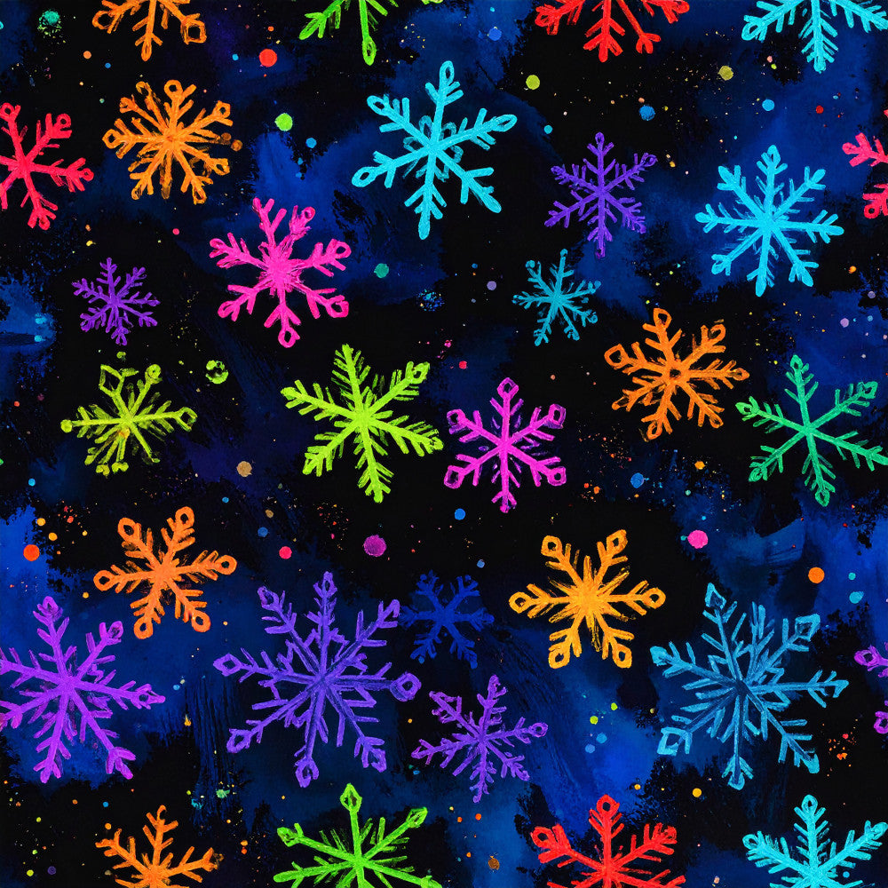 neon snowflakes, bright colorful, navy blue background, cyan blue, magenta pink, electric orange, lime green, purple, holiday, winter, christmas, celestial, modern, whimsical, geometric, abstract, snowflake motifs, festive, playroom, kids room, children's, vibrant, neon colors, dark background, sparkly, night sky, winter wonderland, seasonal, fun and playful