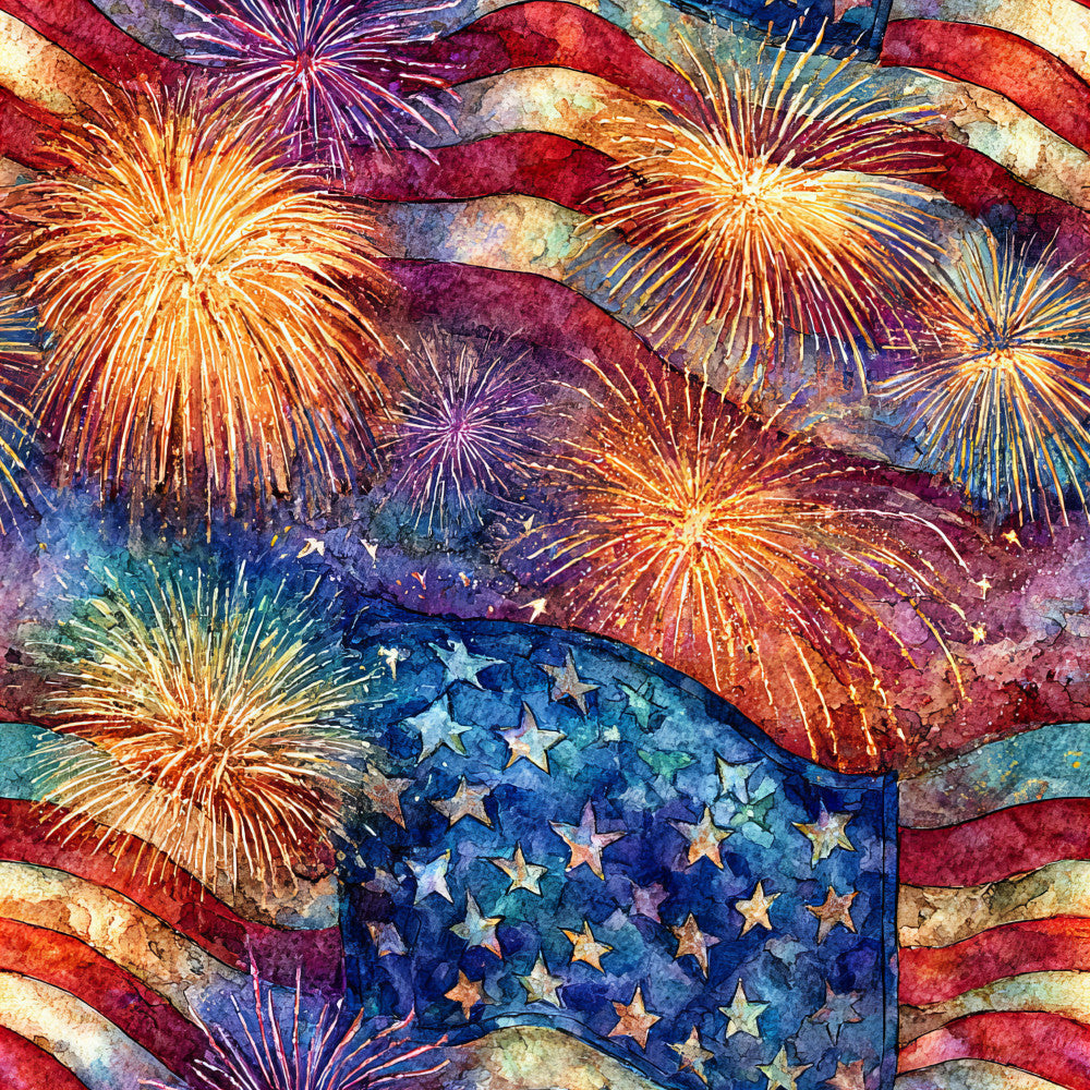 navy blue, gold stars, red stripes, cream, patriotic, fireworks, fourth of july, independence day, celebratory, vintage watercolor, americana, bold orange, deep purple, festive, bursts, explosions, patriotic theme, summer holiday, independence day decor, traditional american, nostalgic, retro celebration, holiday spirit, vibrant, dynamic, whimsical celebration