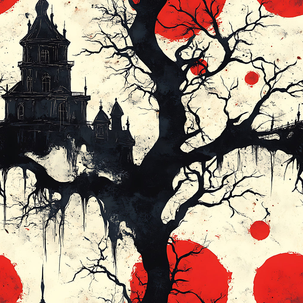 blood moon, gothic manor, haunted house, bare tree, dripping effect, red circles, black silhouette, cream background, spooky atmosphere, halloween theme,, fabric panel, horror aesthetic, victorian architecture, leafless branches, crimson accents, eerie mood, dark tower, gothic windows, supernatural scene