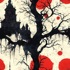 blood moon, gothic manor, haunted house, bare tree, dripping effect, red circles, black silhouette, cream background, spooky atmosphere, halloween theme,, fabric panel, horror aesthetic, victorian architecture, leafless branches, crimson accents, eerie mood, dark tower, gothic windows, supernatural scene