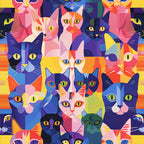 vibrant colors, geometric cats, abstract felines, purple, pink, orange, yellow, blue, green, colorful patchwork, modern art style,, fabric panel, cat faces, whiskers, bright eyes, contemporary design, playful mood, mosaic pattern, triangular shapes