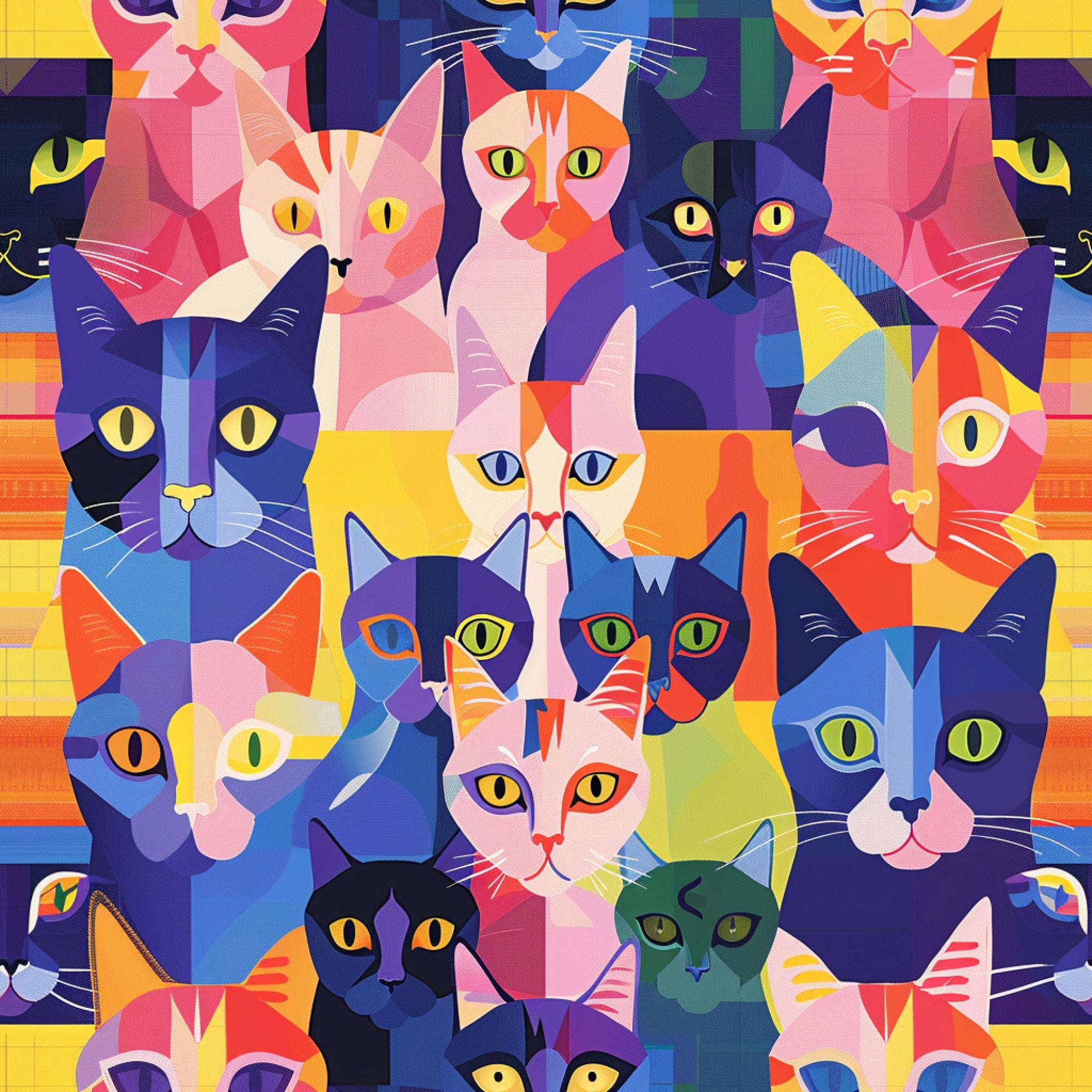 vibrant colors, geometric cats, abstract felines, purple, pink, orange, yellow, blue, green, colorful patchwork, modern art style,, fabric panel, cat faces, whiskers, bright eyes, contemporary design, playful mood, mosaic pattern, triangular shapes