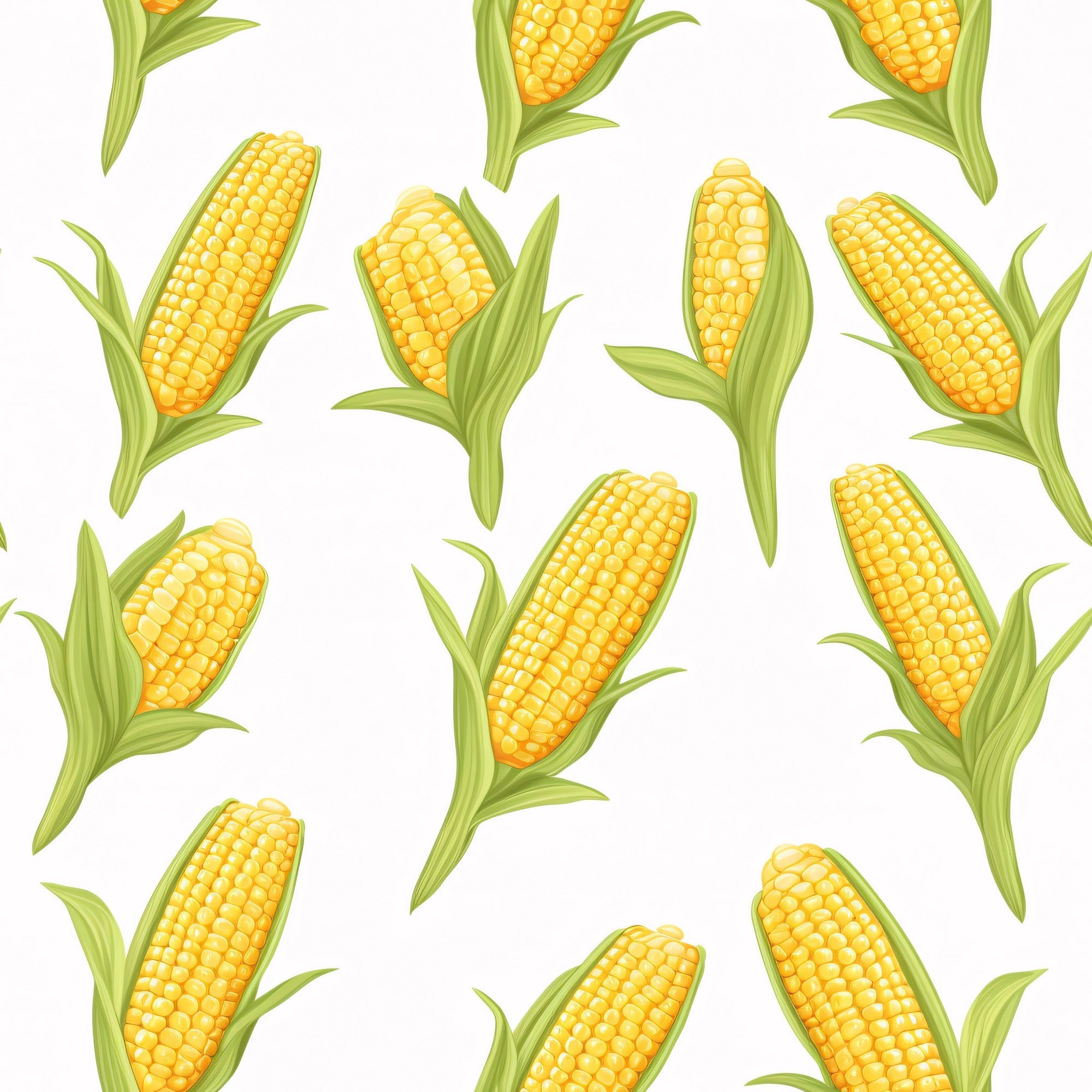 yellow corn, golden kernels, green husks, corn cobs, vegetable pattern, repeating design, harvest theme, farm produce, bright yellow, lime green, food illustration, agricultural motif,, fabric panel, seamless pattern, botanical design, summer harvest, corn stalks, kitchen theme, fresh produce
