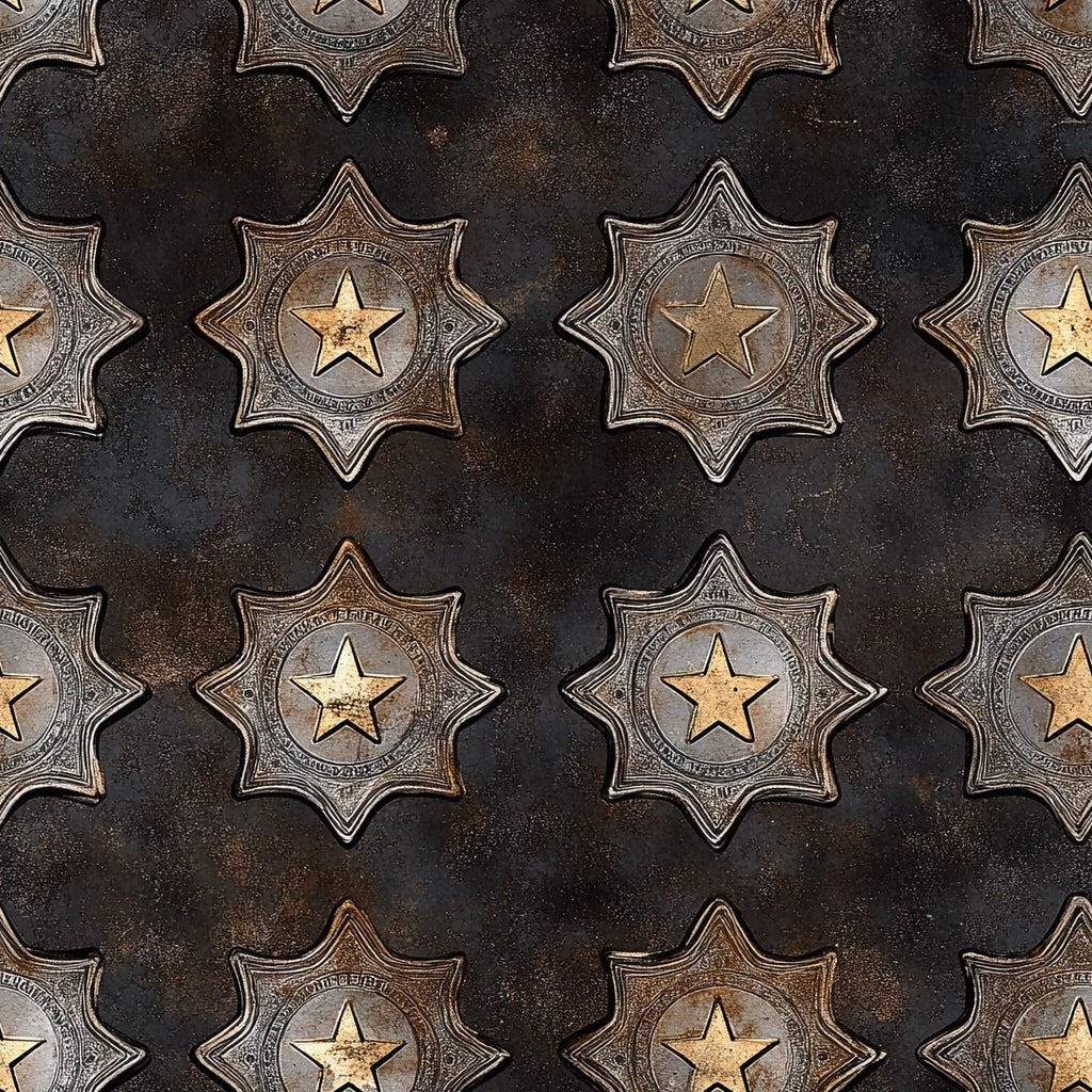 bronze, copper, metallic, dark brown, black, sheriff badges, western stars, law enforcement, vintage metal, weathered finish,, fabric panel, western theme, badges pattern, antique brass, rustic style, cowboy motif, repeating design, distressed texture