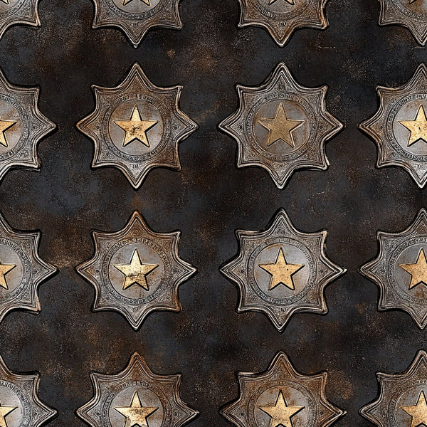 bronze, copper, metallic, dark brown, black, sheriff badges, western stars, law enforcement, vintage metal, weathered finish,, fabric panel, western theme, badges pattern, antique brass, rustic style, cowboy motif, repeating design, distressed texture