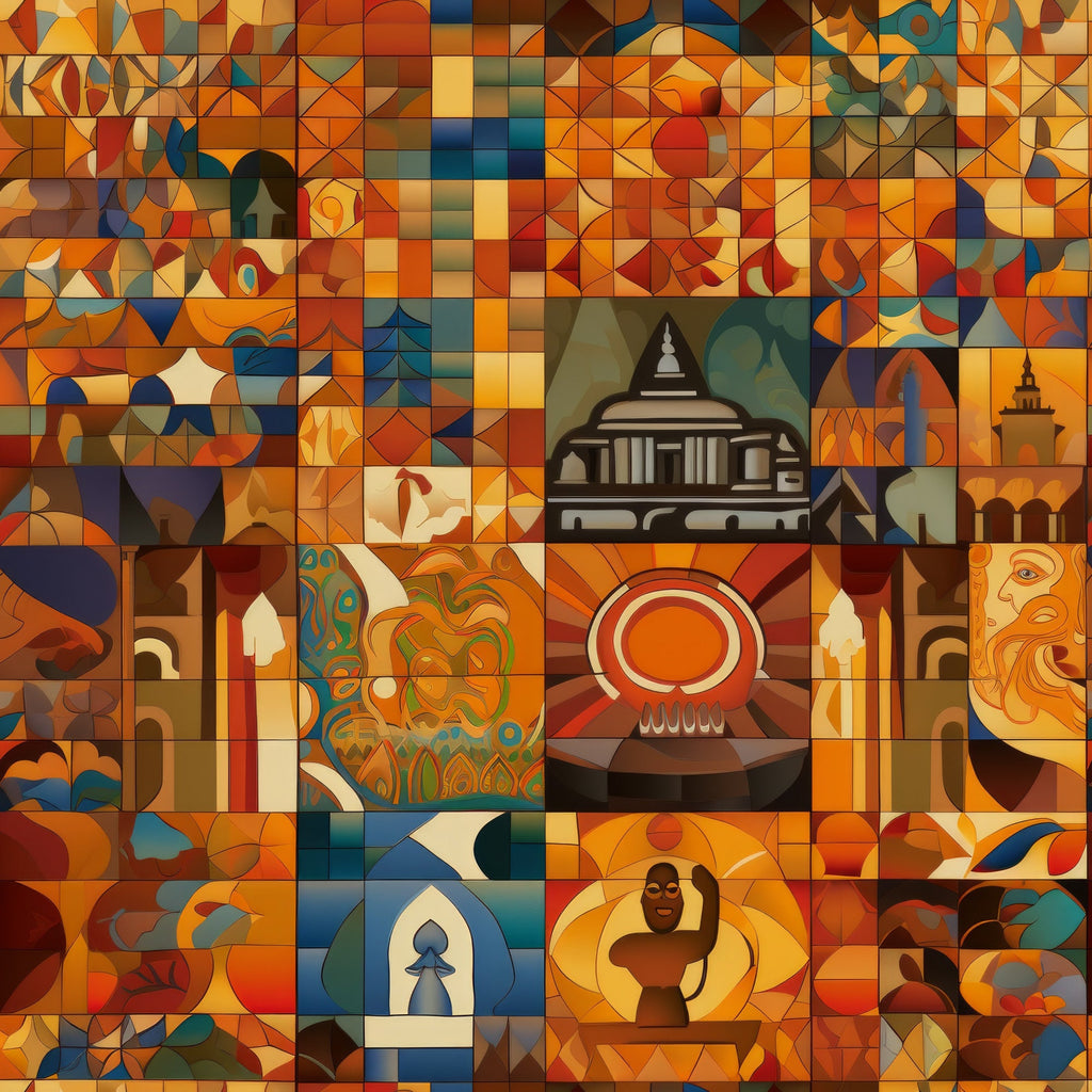 mosaic pattern, geometric design, orange, blue, red, yellow, brown, teal, abstract art,, fabric panel, architectural elements, dome building, decorative motifs, warm colors, artistic blocks, contemporary style, patchwork design, cultural imagery, vibrant palette