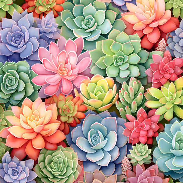 succulent, coral pink, sage green, lavender purple, pastel colors, floral, botanical, nature, whimsical, modern, bright, colorful, layered petals, dimensional flowers, spring, summer, garden theme, nursery, playroom, kids room, baby gift, cheerful, vibrant, multi-colored, gradient shading, detailed florals, decorative flowers, artistic design, boho style, playful