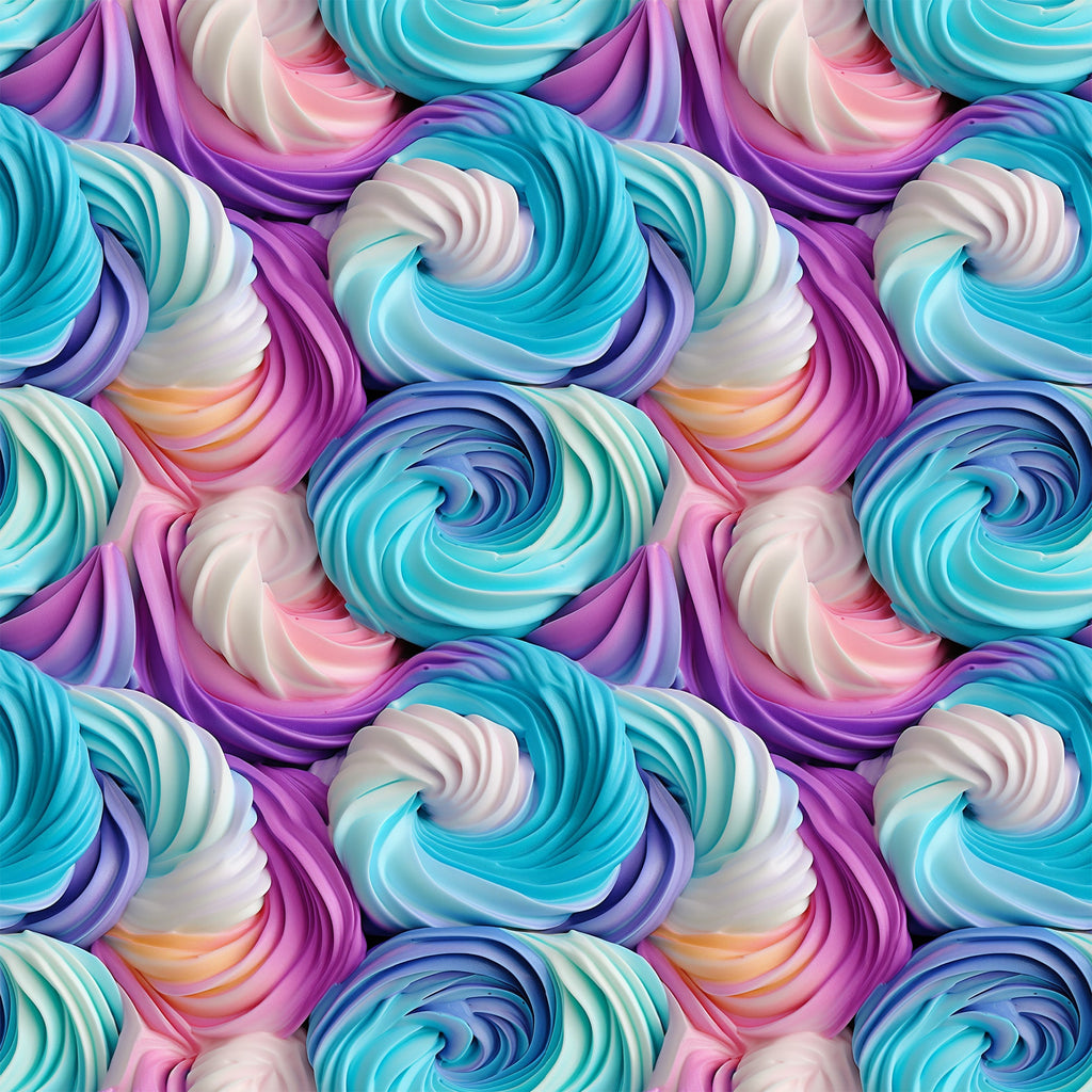 turquoise, purple, pink, white, swirl pattern, frosting design, cupcake frosting, rainbow colors, pastel hues, whimsical, sweet treats, dessert theme,, fabric panel, food motif, bakery inspired, colorful swirls, confectionery, treat pattern, spiral design