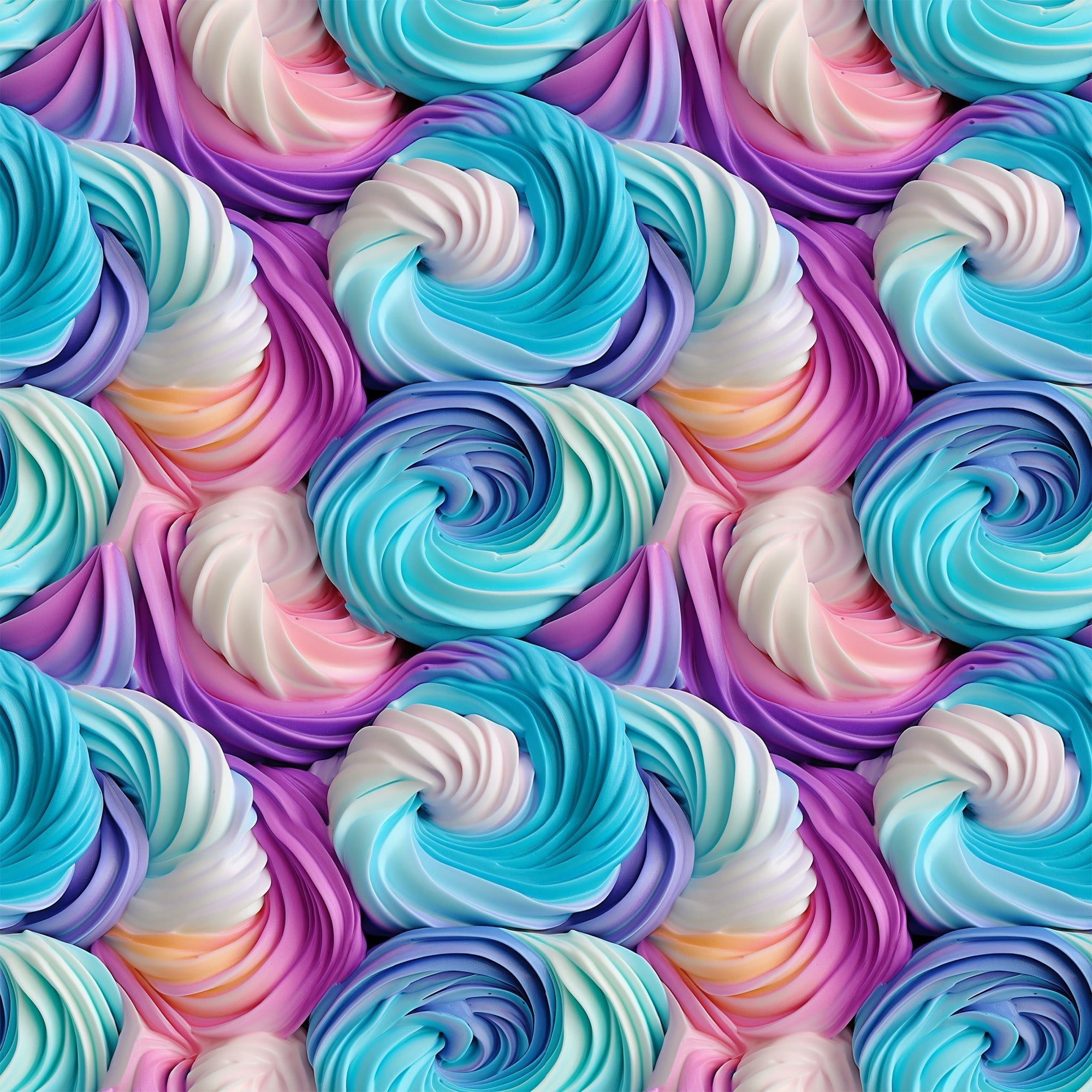 turquoise, purple, pink, white, swirl pattern, frosting design, cupcake frosting, rainbow colors, pastel hues, whimsical, sweet treats, dessert theme,, fabric panel, food motif, bakery inspired, colorful swirls, confectionery, treat pattern, spiral design