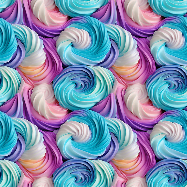 turquoise, purple, pink, white, swirl pattern, frosting design, cupcake frosting, rainbow colors, pastel hues, whimsical, sweet treats, dessert theme,, fabric panel, food motif, bakery inspired, colorful swirls, confectionery, treat pattern, spiral design
