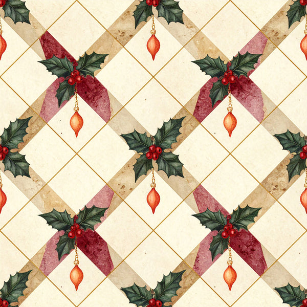 burgundy red, dusty rose, cream, gold, forest green, holly, geometric, diamond, vintage, holiday, christmas, elegant, traditional, festive, decorative bows, ornaments, teardrop ornaments, holly leaves, berries, winter, seasonal, classic, timeless, formal, sophisticated, retro, nostalgia, victorian, ornamental