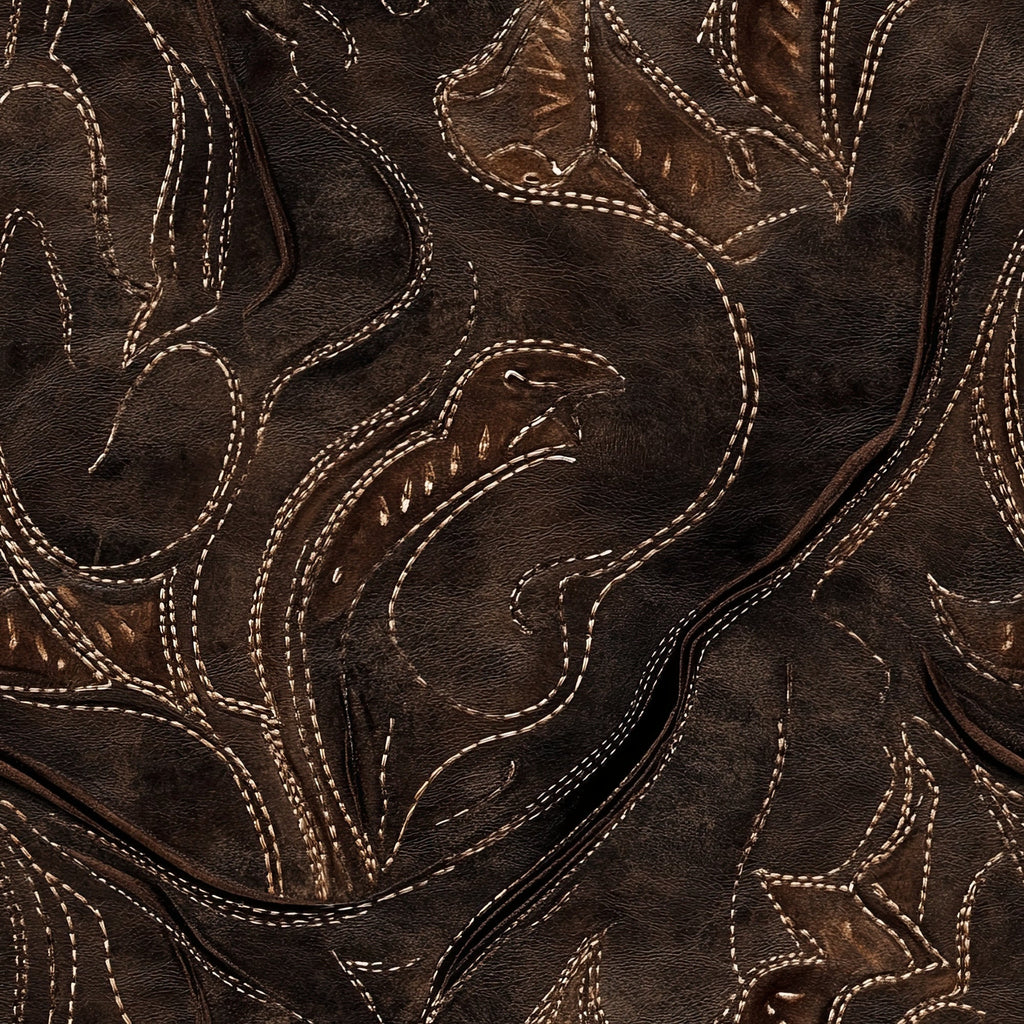 brown leather, western stitching, cowboy boots, decorative topstitching, tan thread, dark brown, embroidered details, western wear, boot pattern,, fabric panel, rustic texture, country western, leather texture, stitched seams, western motifs, rodeo style, cowboy accessories