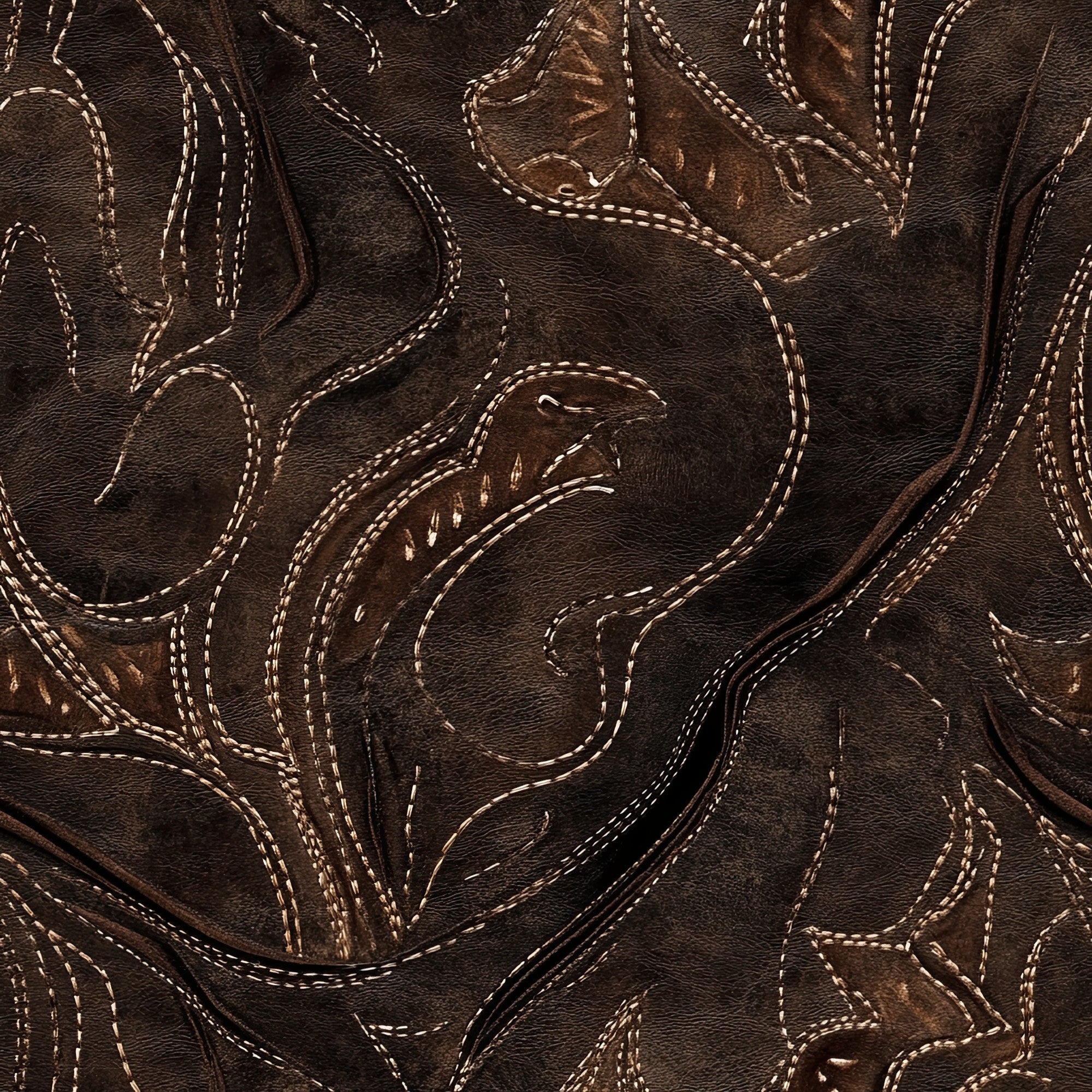 brown leather, western stitching, cowboy boots, decorative topstitching, tan thread, dark brown, embroidered details, western wear, boot pattern,, fabric panel, rustic texture, country western, leather texture, stitched seams, western motifs, rodeo style, cowboy accessories
