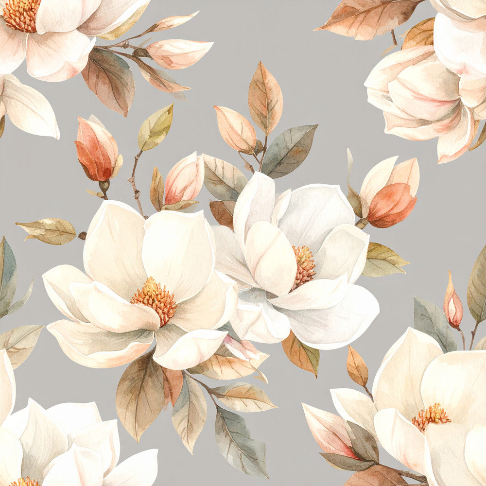 magnolia flowers, cream, ivory, blush pink, coral pink, dusty rose, sage green, gray, taupe, watercolor floral, botanical, nature, vintage, romantic, elegant, spring, garden, blossoms, buds, leaves, branches, delicate, soft, feminine, traditional, timeless, home decor, nursery, baby shower