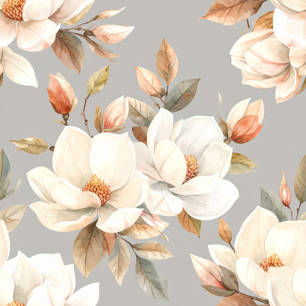 magnolia flowers, cream, ivory, blush pink, coral pink, dusty rose, sage green, gray, taupe, watercolor floral, botanical, nature, vintage, romantic, elegant, spring, garden, blossoms, buds, leaves, branches, delicate, soft, feminine, traditional, timeless, home decor, nursery, baby shower