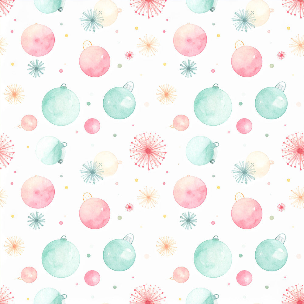 mint green, soft pink, coral, pale yellow, watercolor ornaments, christmas baubles, starburst, festive, whimsical, playful, pastel, gentle, holiday, christmas, winter, nursery, baby, kids room, soft color palette, delicate design, modern whimsical, seasonal decor, hanging ornaments, festive motifs, sparkly, shiny baubles, cheerful, light and airy, children's design, shower gift
