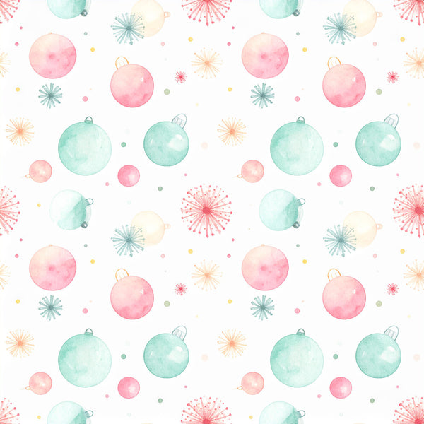 mint green, soft pink, coral, pale yellow, watercolor ornaments, christmas baubles, starburst, festive, whimsical, playful, pastel, gentle, holiday, christmas, winter, nursery, baby, kids room, soft color palette, delicate design, modern whimsical, seasonal decor, hanging ornaments, festive motifs, sparkly, shiny baubles, cheerful, light and airy, children's design, shower gift