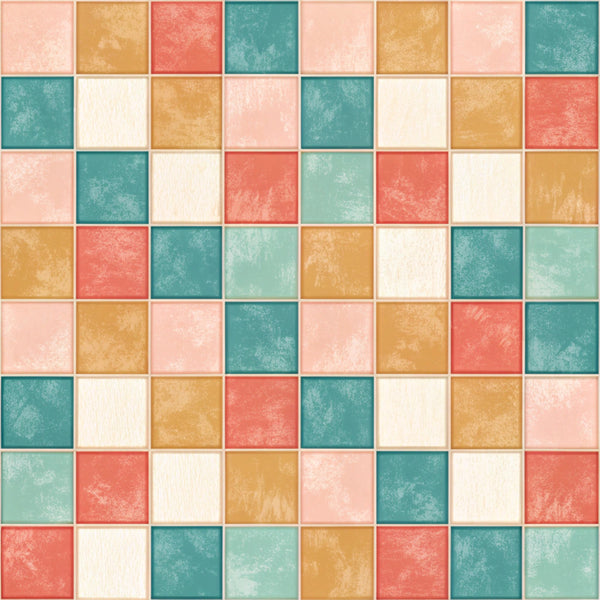 teal, coral pink, dusty rose, golden yellow, cream, geometric, checkerboard, color block, modern, contemporary, retro, vintage, pastel, textured, distressed, multi-color, playroom, kids room, nursery, bath time, soft, cozy, warm, cool tones, mixed colors, patchwork style, fun, cheerful