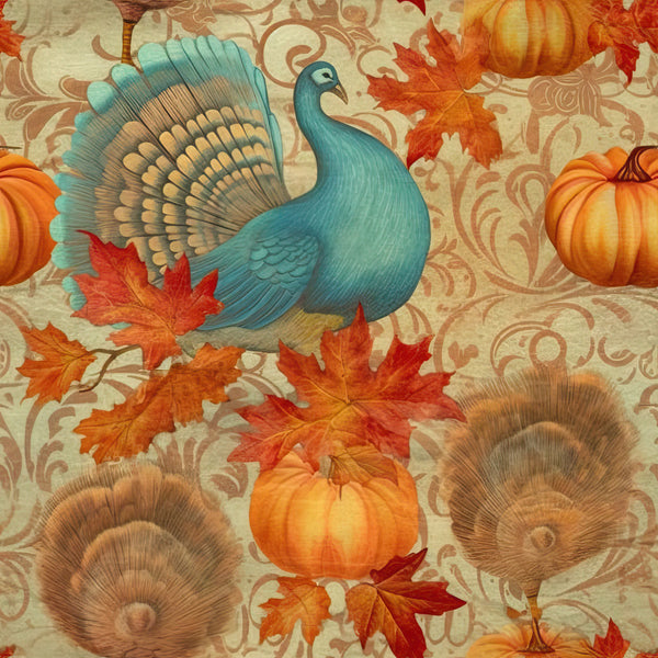 teal peacock, rust orange, cream beige, tan brown, autumn leaves, pumpkins, fall harvest, peacock feathers, maple leaves, ornamental damask, vintage pattern, elegant style, traditional design, nature themed, seasonal autumn, thanksgiving, fall foliage, warm earth tones, decorative scrollwork, botanical elements, home decor, warm and cozy, rustic elegance, classic autumn palette, harvest time, fall colors, peacock bird, ornate pattern