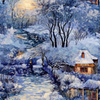 winter landscape, snowy scene, frozen stream, cozy cottage, bare trees, snow-covered branches, twilight sky, blue tones, white snow, warm golden lights, rustic cabin, peaceful village, dawn lighting,, fabric panel, serene atmosphere, icy water, winter wonderland, cottage windows glowing, frosty morning