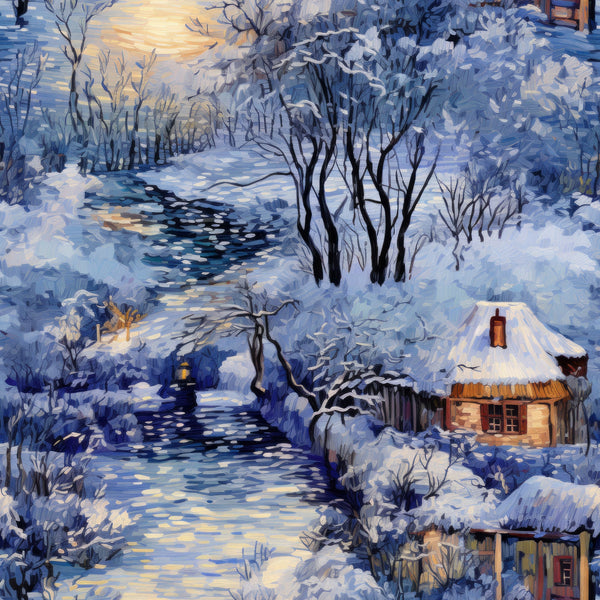 winter landscape, snowy scene, frozen stream, cozy cottage, bare trees, snow-covered branches, twilight sky, blue tones, white snow, warm golden lights, rustic cabin, peaceful village, dawn lighting,, fabric panel, serene atmosphere, icy water, winter wonderland, cottage windows glowing, frosty morning