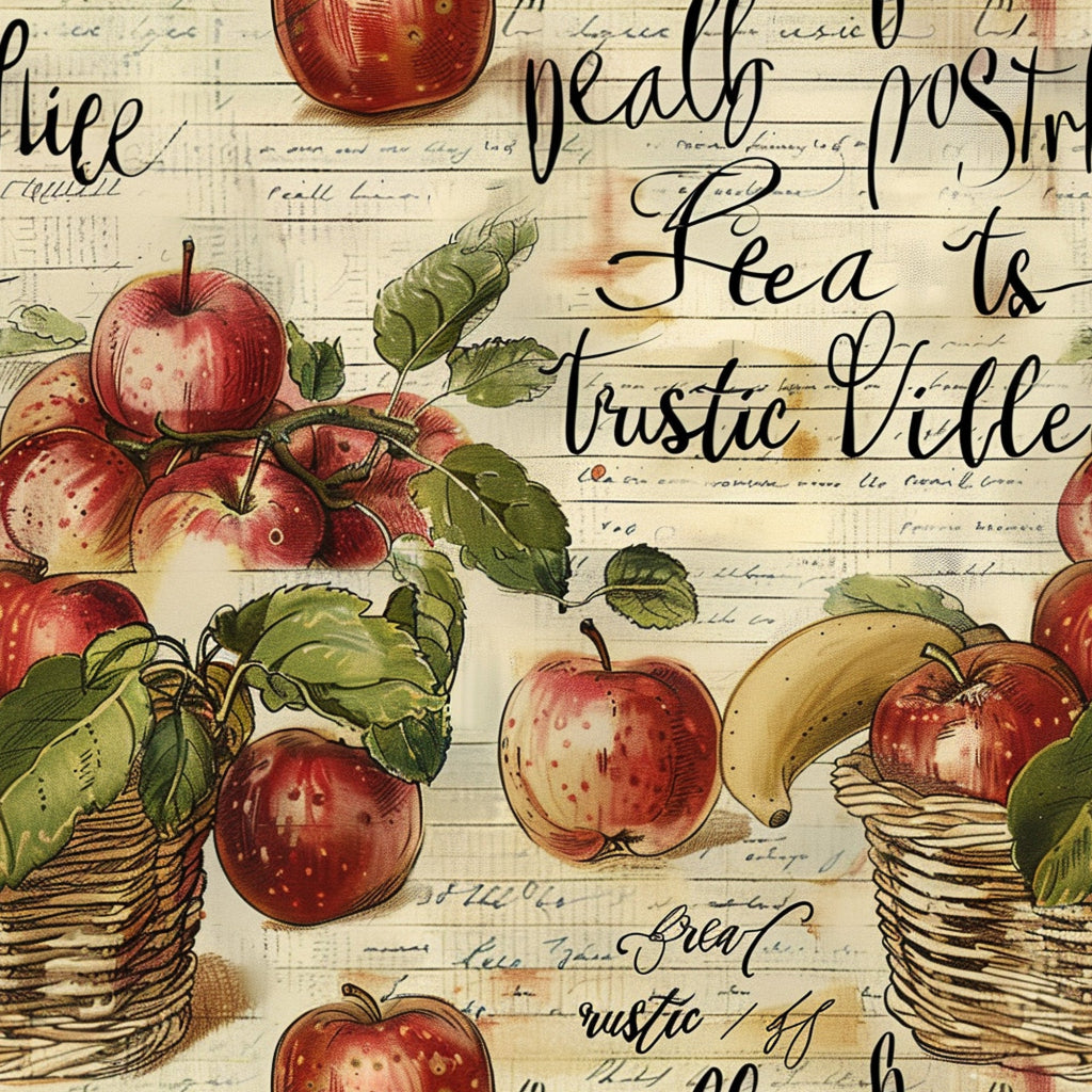 red apples, green leaves, wicker baskets, cream background, vintage script, botanical illustration, farm fresh, rustic style,, fabric panel, harvest theme, fruit motifs, handwritten text, aged paper look, country kitchen, autumn colors, natural elements, nostalgic design, cottage core