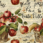 red apples, green leaves, wicker baskets, cream background, vintage script, botanical illustration, farm fresh, rustic style,, fabric panel, harvest theme, fruit motifs, handwritten text, aged paper look, country kitchen, autumn colors, natural elements, nostalgic design, cottage core