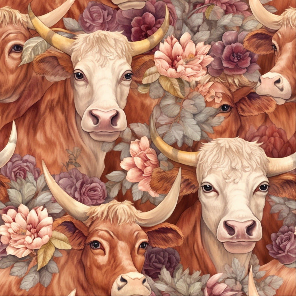 highland cows, floral pattern, roses, peonies, brown cattle, cream colored faces, horns, pastoral animals, botanical elements, pink flowers, purple blooms, green leaves, seamless repeat, farm animals, cow portraits, cottage core, rustic charm,, fabric panel, vintage florals