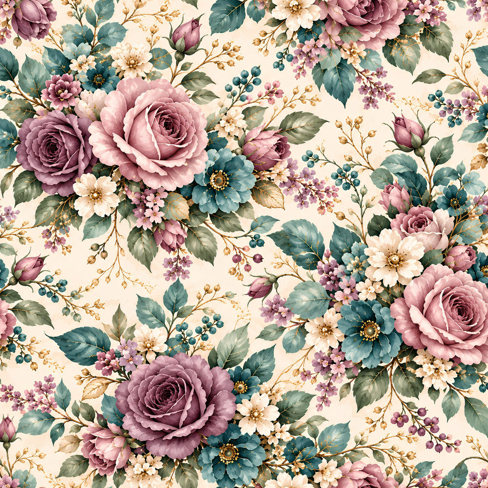 mauve rose, dusty pink, blush pink, teal, sage green, cream, ivory, gold accents, floral, vintage floral, botanical, roses, dahlias, garden flowers, berries, leaves, nature, romantic, elegant, traditional, vintage, cottage core, spring, summer, whimsical, timeless, classic, delicate, ornate, feminine