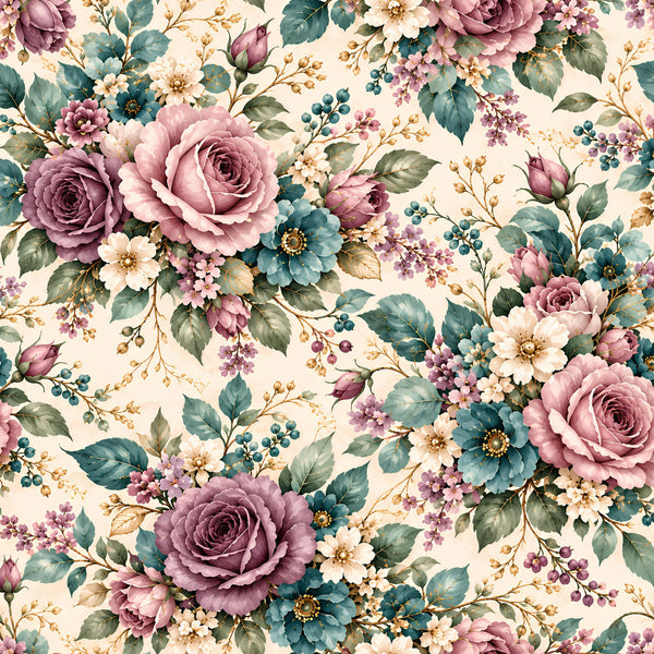 mauve rose, dusty pink, blush pink, teal, sage green, cream, ivory, gold accents, floral, vintage floral, botanical, roses, dahlias, garden flowers, berries, leaves, nature, romantic, elegant, traditional, vintage, cottage core, spring, summer, whimsical, timeless, classic, delicate, ornate, feminine