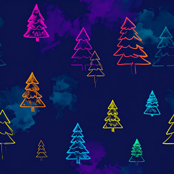 neon christmas trees, neon holiday, dark navy background, magenta pink, coral orange, cyan blue, yellow neon, lime green, glowing trees, neon lights, modern holiday, whimsical christmas, festive neon, winter trees, holiday pattern, celestial vibes, electric colors, glow in the dark aesthetic, kids holiday, playroom décor, christmas themed, neon forest, geometric trees, contemporary holiday, vibrant colors, retro neon, fun holiday, seasonal christmas