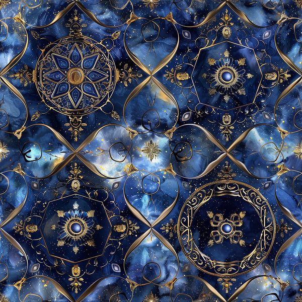 navy blue, deep blue, gold, bronze, celestial, baroque, ornate medallions, geometric patterns, starry sky, cosmic design, mandala motifs, decorative circles, intricate scrollwork,, fabric panel, luxurious, ornamental, cosmic swirls, celestial bodies, repeating pattern