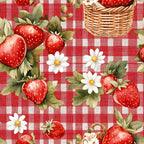 strawberry pattern, red gingham, white checkered, cotton fabric, quilting panel, picnic theme, daisy flowers, wicker basket, fruit motif, summer vibes, botanical elements, red berries, white blossoms, green leaves, country style, farmhouse aesthetic, food illustration, vintage inspired, cheerful design, cottage core