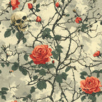 gothic roses, skull motif, thorny vines, coral red roses, cream background, dark green leaves, bramble thorns, bone imagery, vintage illustration, moody pattern,, fabric panel, gothic botanical, spooky floral, weathered texture, muted tones, intricate branches, death and beauty, alternative style, halloween theme