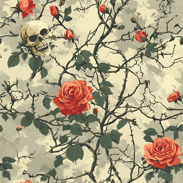 gothic roses, skull motif, thorny vines, coral red roses, cream background, dark green leaves, bramble thorns, bone imagery, vintage illustration, moody pattern,, fabric panel, gothic botanical, spooky floral, weathered texture, muted tones, intricate branches, death and beauty, alternative style, halloween theme