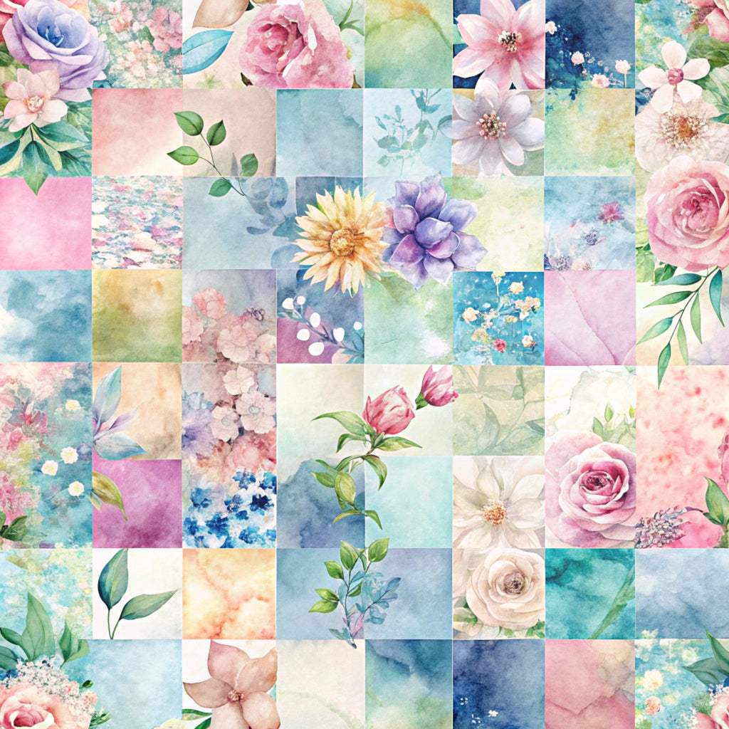 spring patchwork,, fabric panel, watercolor florals, pastel colors, pink roses, purple flowers, blue blossoms, green leaves, floral motifs, botanical designs, soft pastels, patchwork squares, quilting fabric, cotton material, spring blooms, delicate flowers, feminine palette, crafting fabric, sewing material