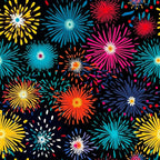 colorful fireworks, black background, yellow bursts, blue explosions, red sparkles, pink starbursts, orange flames, turquoise rays, purple fireworks,, fabric panel, celebration pattern, night sky, radiating lines, festive design, bright colors, geometric bursts, holiday theme, cotton fabric, vibrant explosions