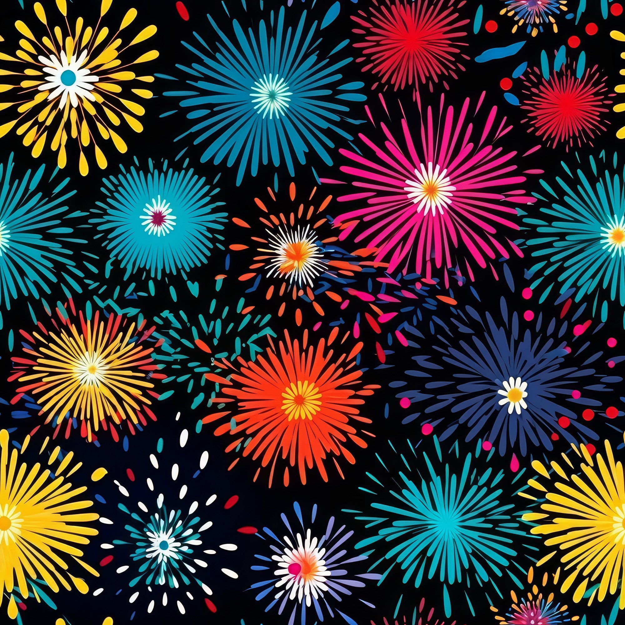 colorful fireworks, black background, yellow bursts, blue explosions, red sparkles, pink starbursts, orange flames, turquoise rays, purple fireworks,, fabric panel, celebration pattern, night sky, radiating lines, festive design, bright colors, geometric bursts, holiday theme, cotton fabric, vibrant explosions