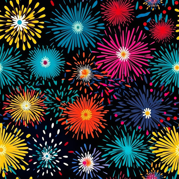 colorful fireworks, black background, yellow bursts, blue explosions, red sparkles, pink starbursts, orange flames, turquoise rays, purple fireworks,, fabric panel, celebration pattern, night sky, radiating lines, festive design, bright colors, geometric bursts, holiday theme, cotton fabric, vibrant explosions